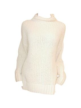 White chenille chunky knit longline turtleneck sweater
